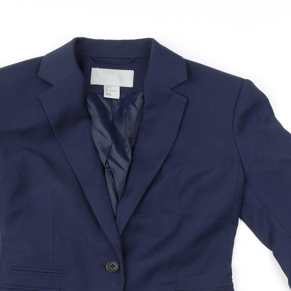 H&M Womens Blue Herringbone Polyester Jacket Blazer Size 4 - Pockets