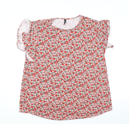 Prinstory Womens Red Floral Polyester Basic Blouse Size 2XL Round Neck
