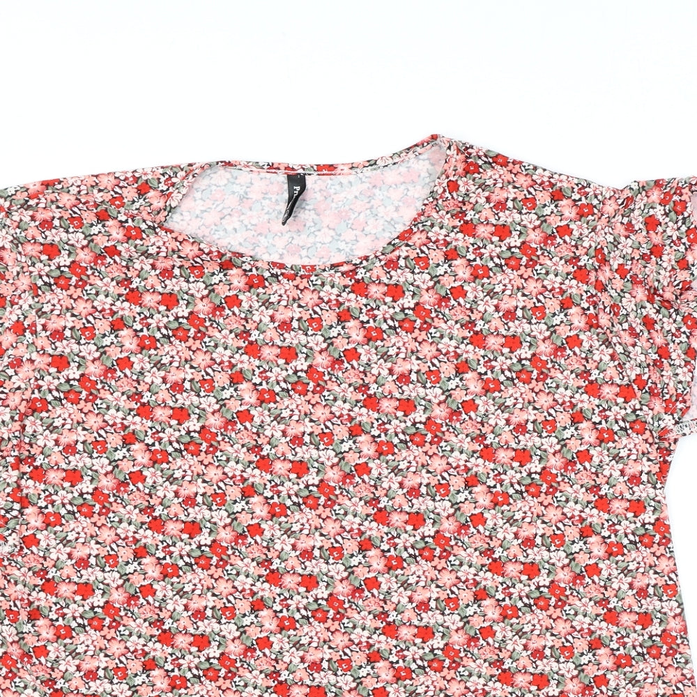 Prinstory Womens Red Floral Polyester Basic Blouse Size 2XL Round Neck