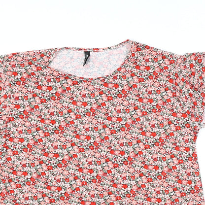 Prinstory Womens Red Floral Polyester Basic Blouse Size 2XL Round Neck