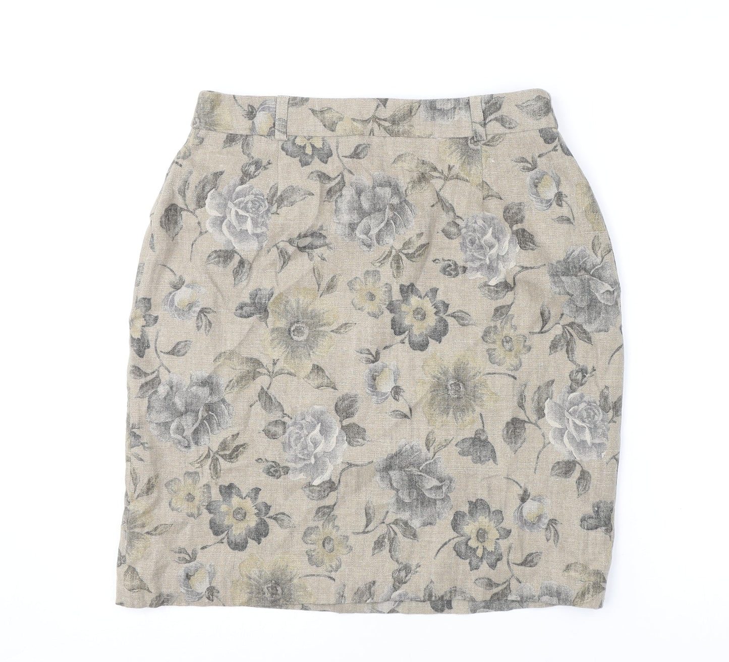 Patsy Seddon Womens Beige Floral Linen A-Line Skirt Size 14 Zip