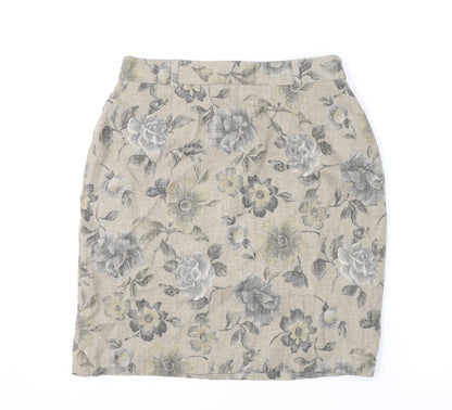 Patsy Seddon Womens Beige Floral Linen A-Line Skirt Size 14 Zip