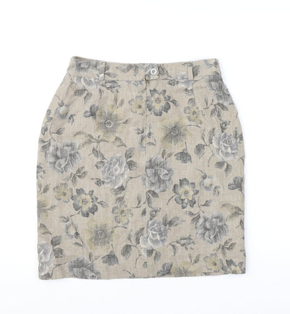 Patsy Seddon Womens Beige Floral Linen A-Line Skirt Size 14 Zip