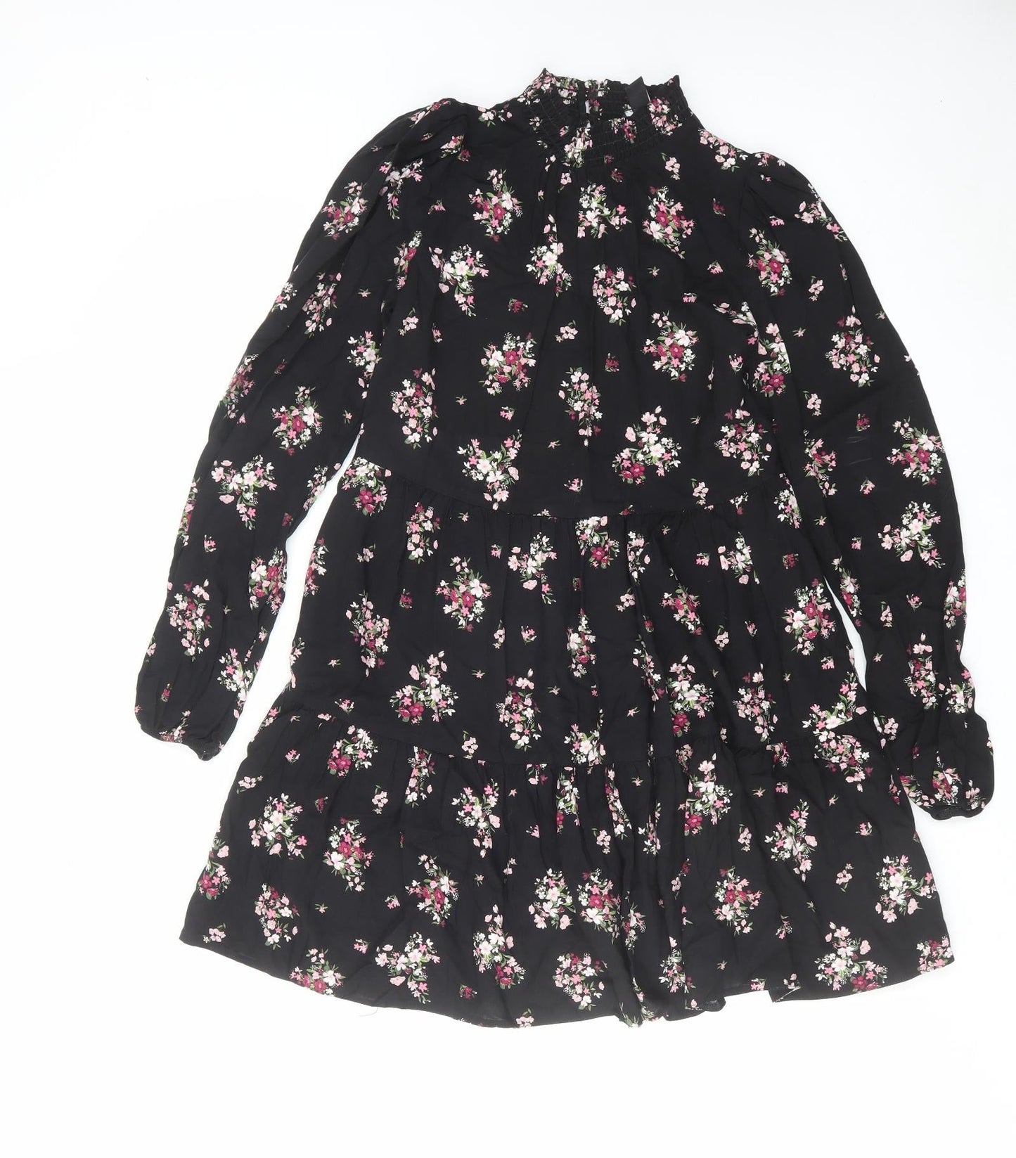New Look Womens Black Floral Viscose A-Line Size 8 Mock Neck Button