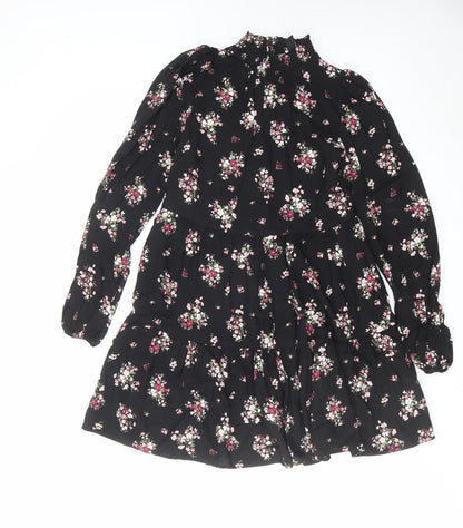New Look Womens Black Floral Viscose A-Line Size 8 Mock Neck Button