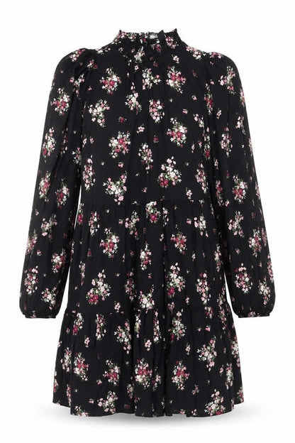 New Look Womens Black Floral Viscose A-Line Size 8 Mock Neck Button