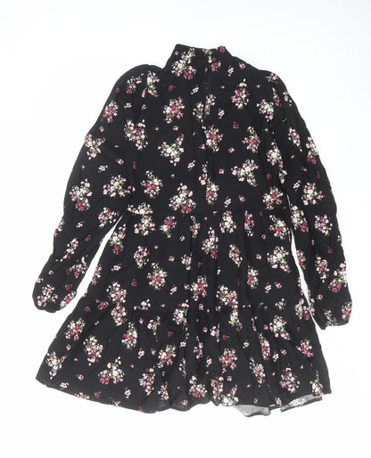 New Look Womens Black Floral Viscose A-Line Size 8 Mock Neck Button