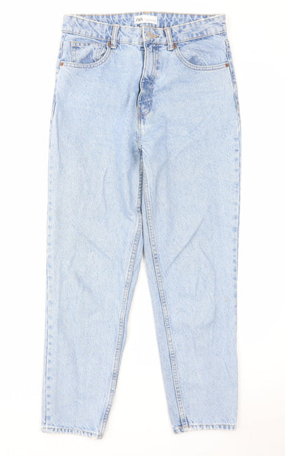 Zara Womens Blue Cotton Tapered Jeans Size 10 L28 in Regular Zip