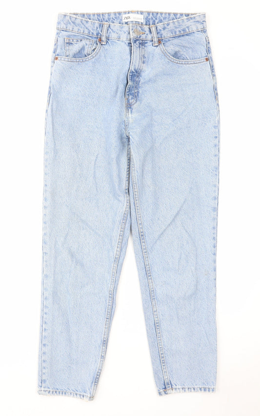 Zara Womens Blue Cotton Tapered Jeans Size 10 L28 in Regular Zip