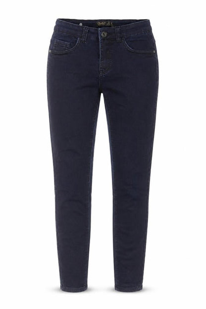 Front view of Toxik3 women’s blue cotton skinny jeans, size UK 8, 28-inch leg regular zip
