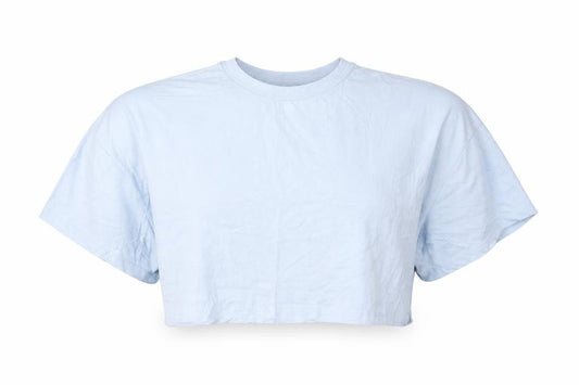 Front view of ASOS women’s blue cotton cropped t-shirt, size UK 16, round neck