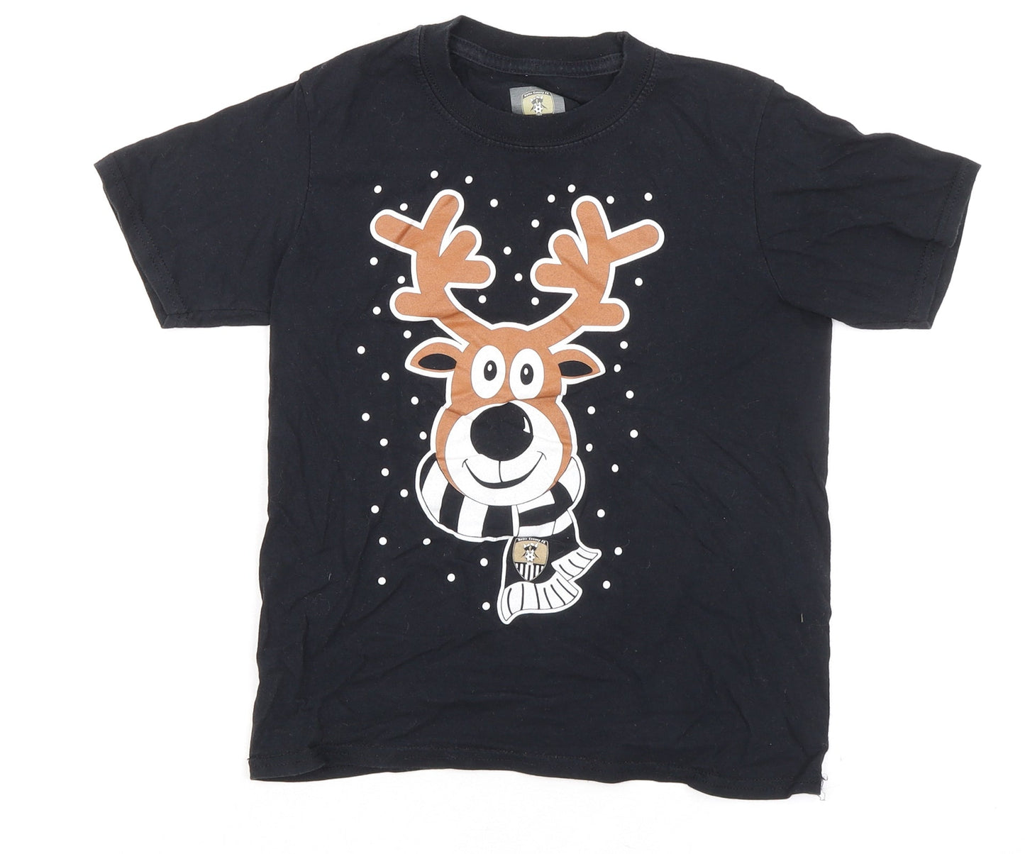 Notts County FC Boys Black 100% Cotton Basic T-Shirt Size 7-8 Years Round Neck Pullover - Reindeer