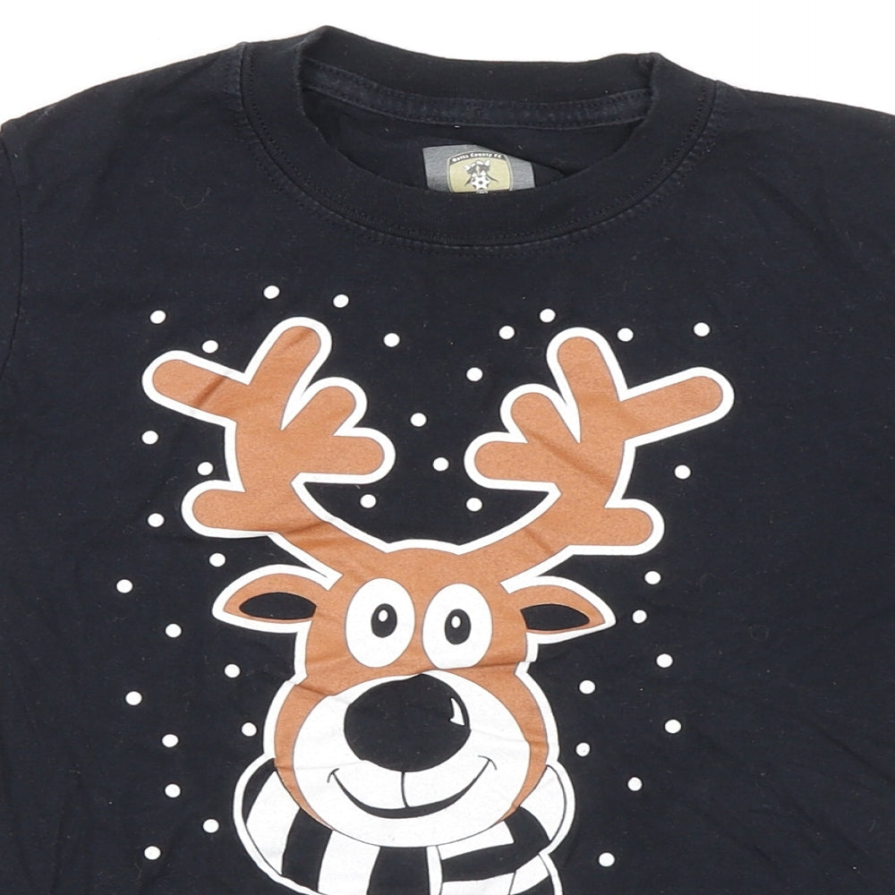 Notts County FC Boys Black 100% Cotton Basic T-Shirt Size 7-8 Years Round Neck Pullover - Reindeer