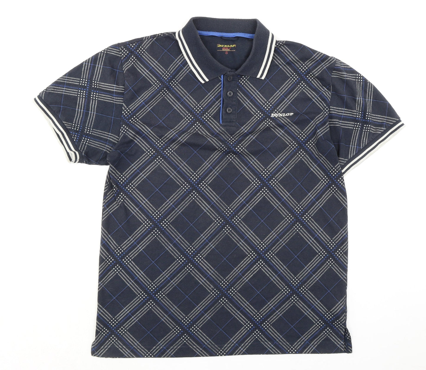 Dunlop Mens Blue Check Polyester Polo Size S Collared Button