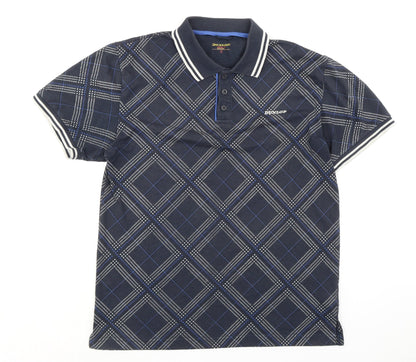 Dunlop Mens Blue Check Polyester Polo Size S Collared Button