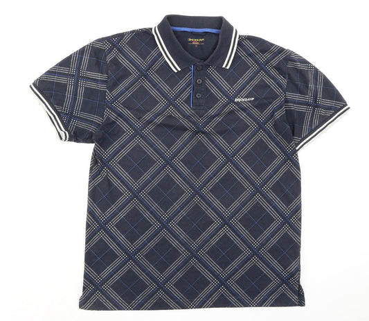 Dunlop Mens Blue Check Polyester Polo Size S Collared Button