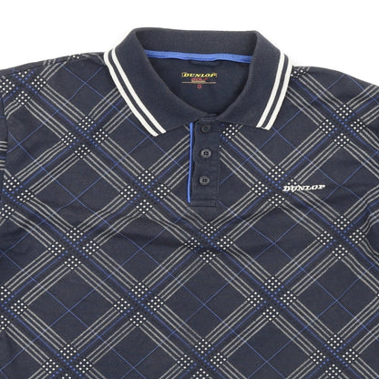 Dunlop Mens Blue Check Polyester Polo Size S Collared Button
