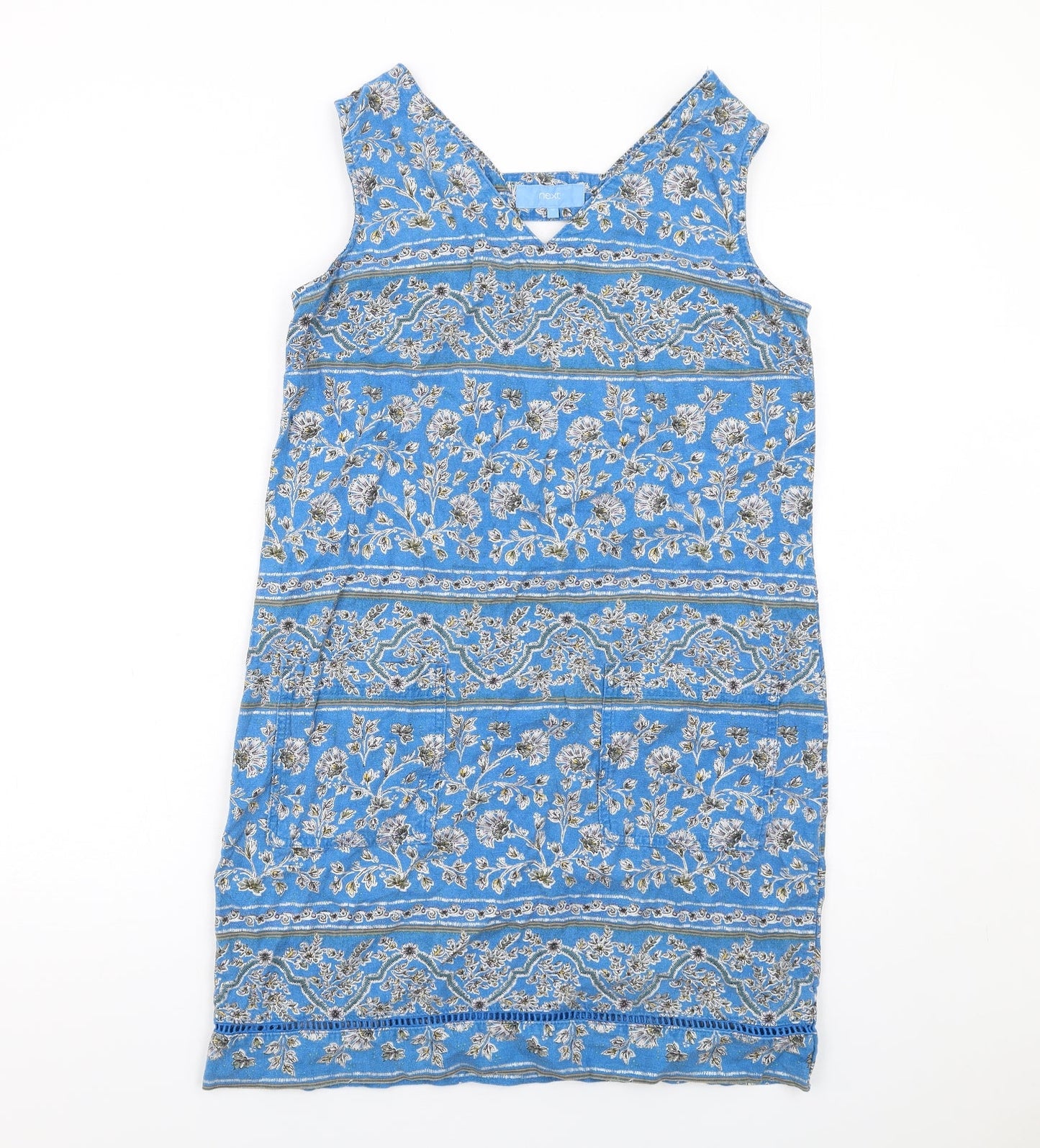 NEXT Womens Blue Geometric Linen A-Line Size 10 V-Neck Pullover