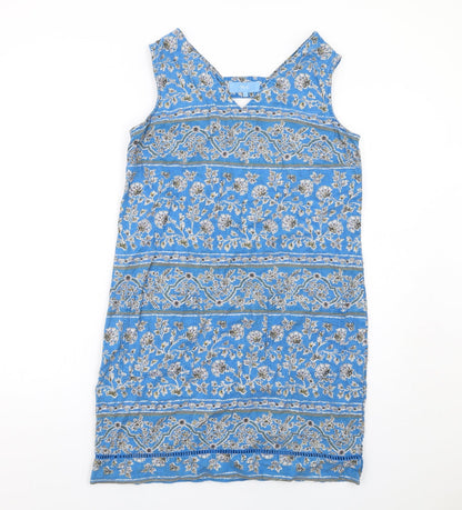 NEXT Womens Blue Geometric Linen A-Line Size 10 V-Neck Pullover