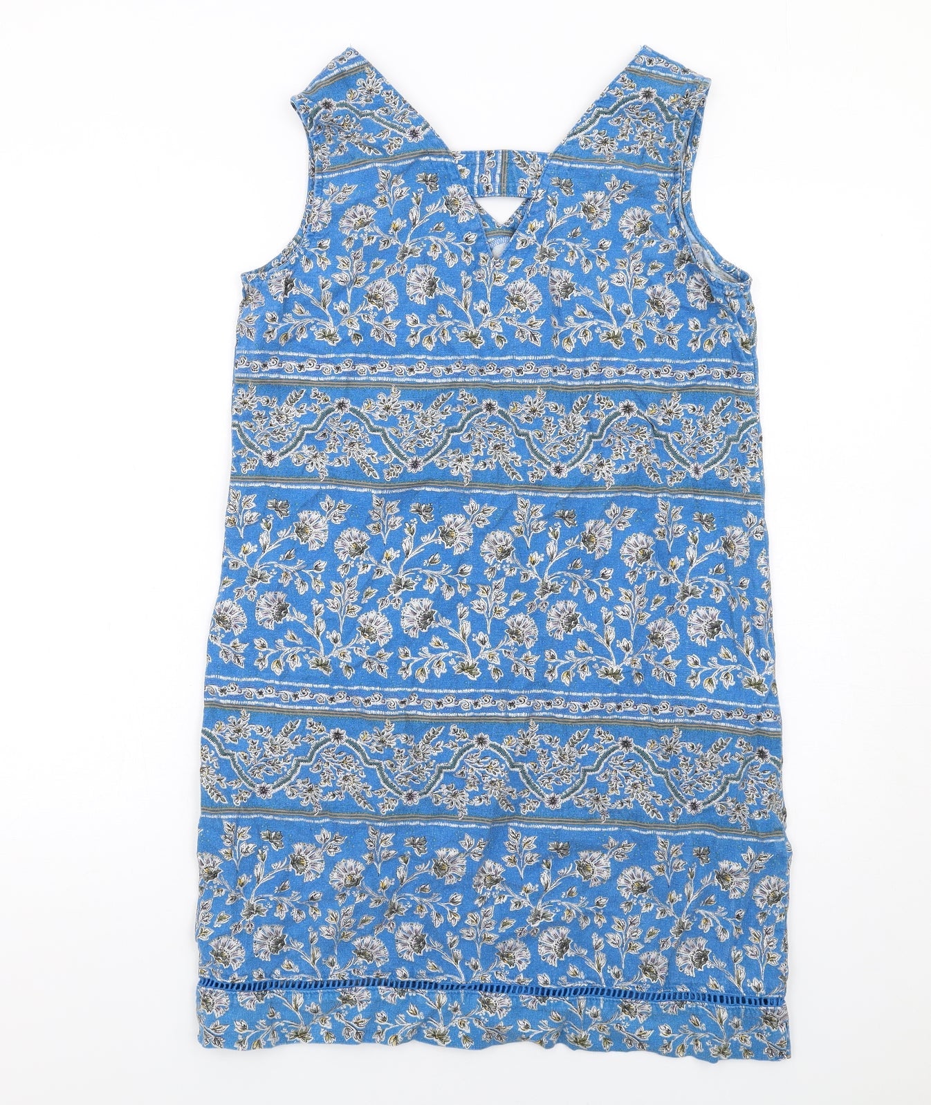 NEXT Womens Blue Geometric Linen A-Line Size 10 V-Neck Pullover