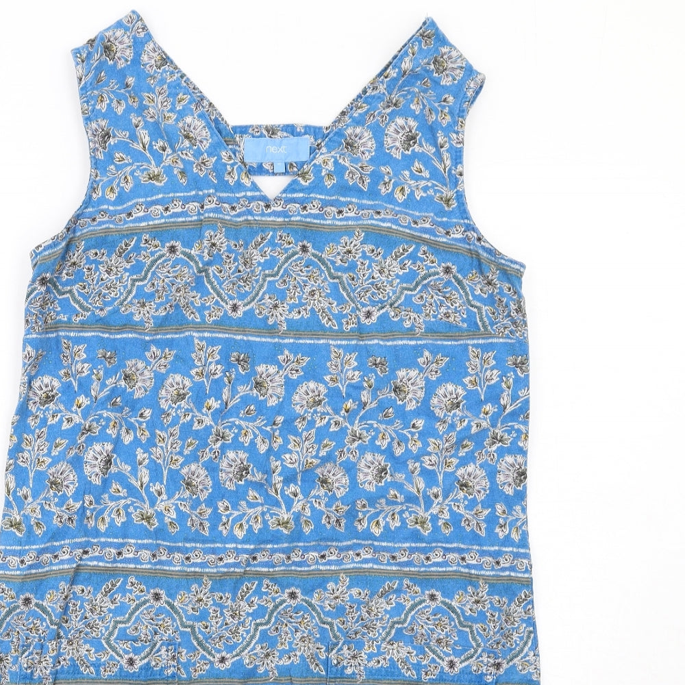 NEXT Womens Blue Geometric Linen A-Line Size 10 V-Neck Pullover