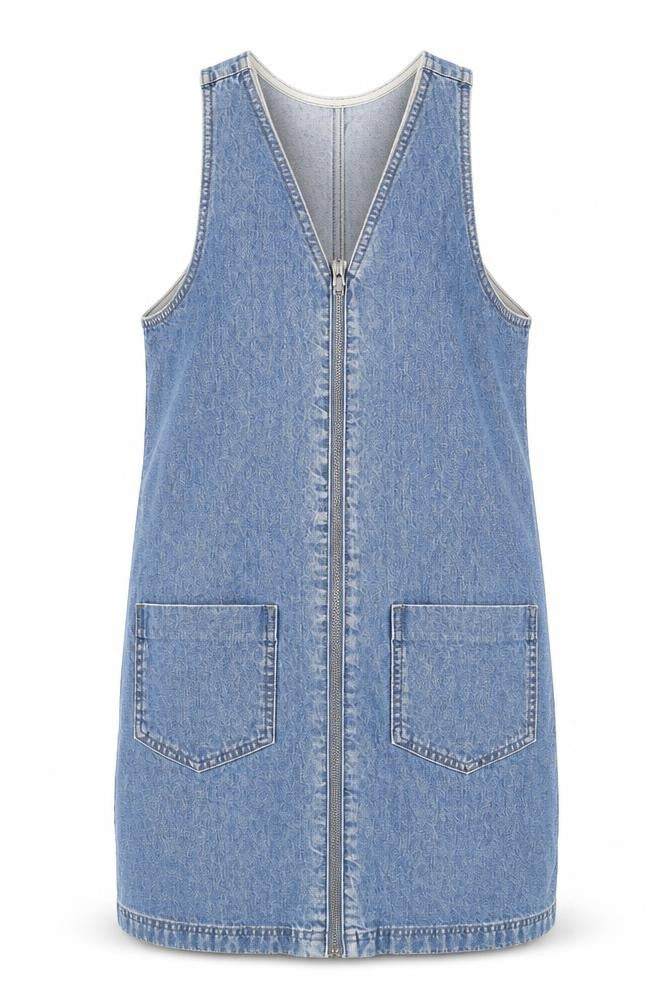 Topshop Womens Blue Cotton Pinafore/Dungaree Dress Size 8 V-Neck Zip