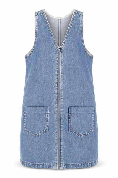 Topshop Womens Blue Cotton Pinafore/Dungaree Dress Size 8 V-Neck Zip