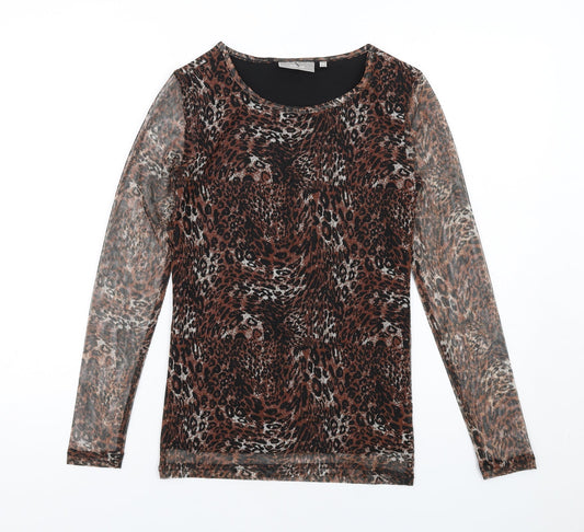 fransa Womens Brown Animal Print Polyester Basic T-Shirt Size XS Round Neck - Leopard Print, Sheer Sleeves