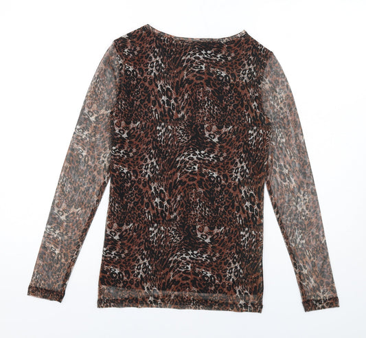 fransa Womens Brown Animal Print Polyester Basic T-Shirt Size XS Round Neck - Leopard Print, Sheer Sleeves