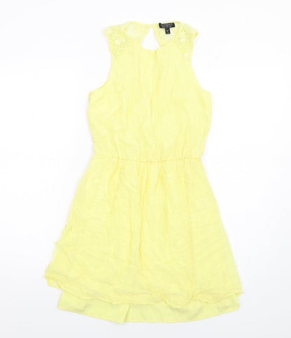 Topshop Womens Yellow Cupro Fit & Flare Size 8 Round Neck Button