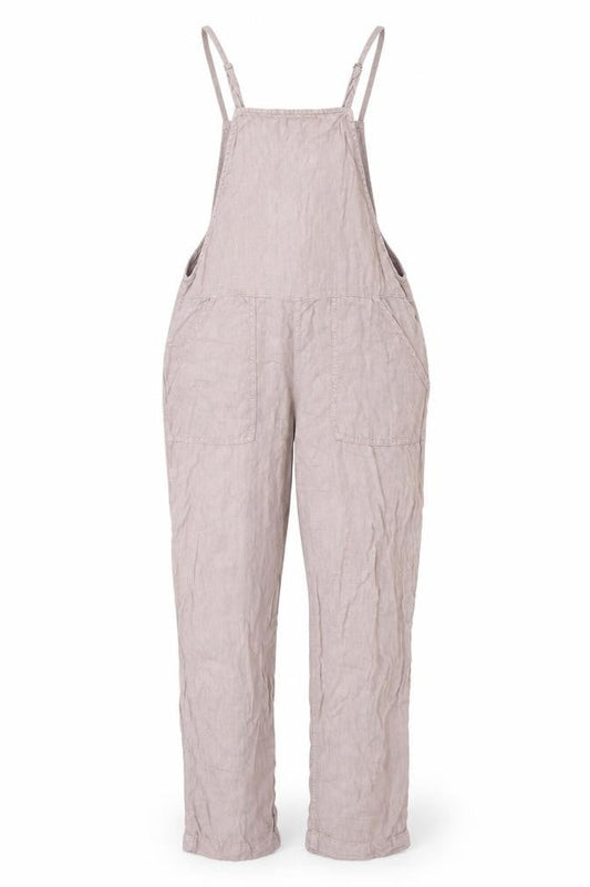 Front view of BDG women’s beige linen jumpsuit one-piece, size XS, 28-inch leg pullover
