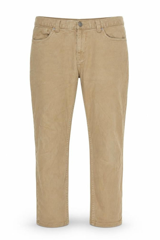 Front view of Denim & Co. men’s brown cotton straight jeans, size 34, in, 30-inch leg slim zip