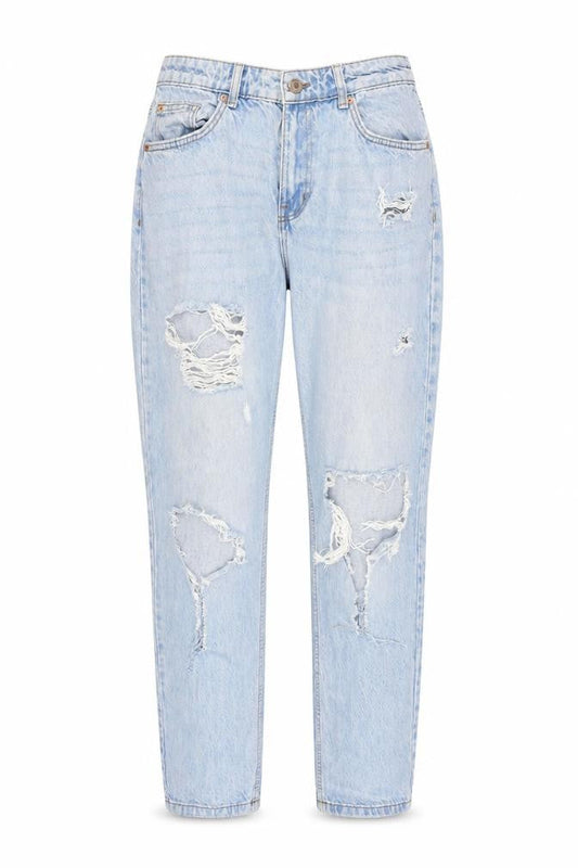 Front view of Denim & Co. women’s blue cotton tapered jeans, size UK 12, 28-inch leg regular zip