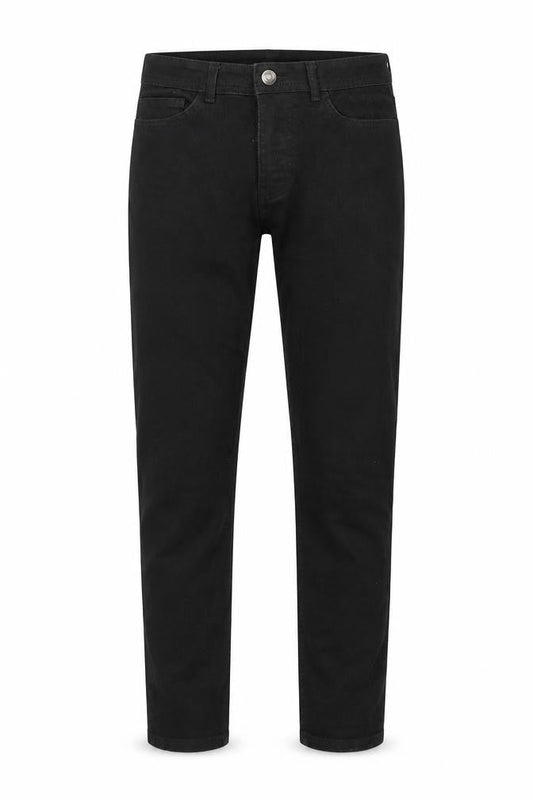 Front view of Denim & Co. men’s black cotton straight jeans, size 32, in, 30-inch leg regular button