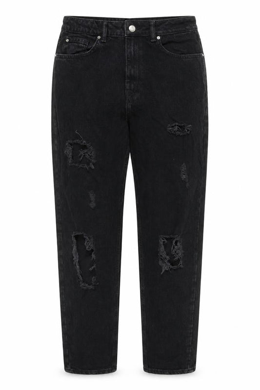 Front view of Denim & Co. women’s black cotton tapered jeans, size UK 10, 28-inch leg regular zip