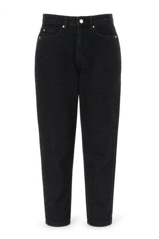 Front view of Denim & Co. women’s black cotton tapered jeans, size UK 12, 28-inch leg regular zip