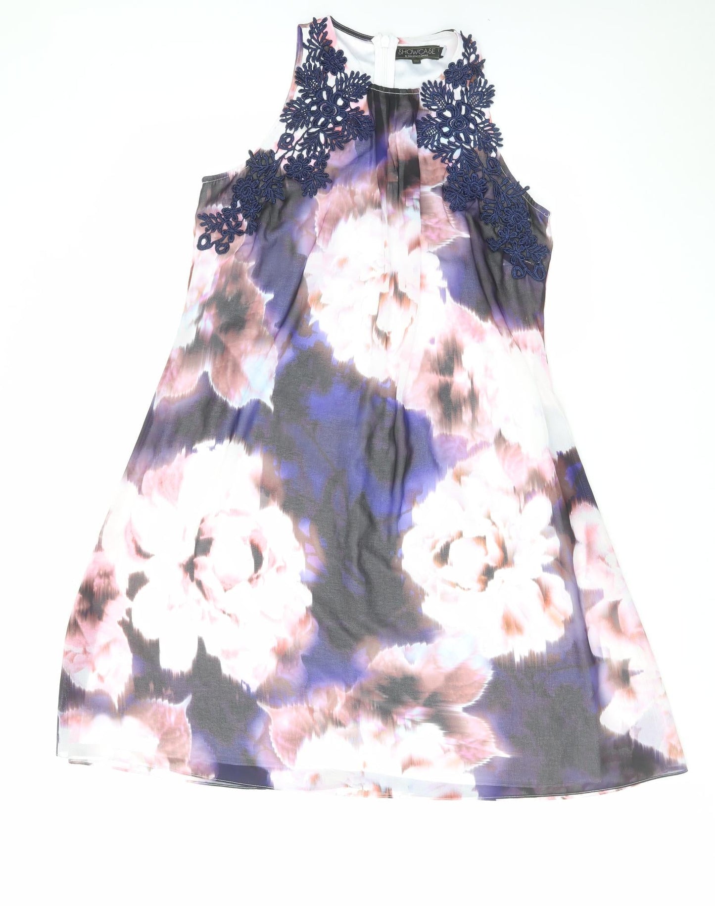 Dorothy Perkins Womens Purple Floral Polyester A-Line Size 12 Round Neck Zip - Crocheted Lace Detail