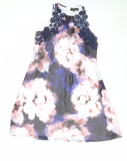 Dorothy Perkins Womens Purple Floral Polyester A-Line Size 12 Round Neck Zip - Crocheted Lace Detail