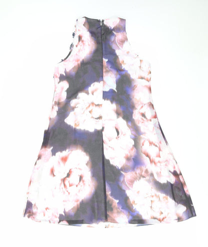 Dorothy Perkins Womens Purple Floral Polyester A-Line Size 12 Round Neck Zip - Crocheted Lace Detail