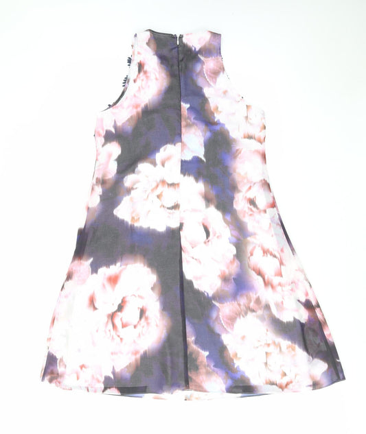 Dorothy Perkins Womens Purple Floral Polyester A-Line Size 12 Round Neck Zip - Crocheted Lace Detail