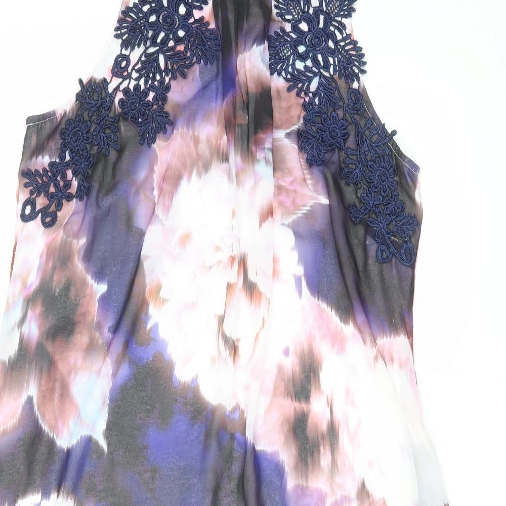 Dorothy Perkins Womens Purple Floral Polyester A-Line Size 12 Round Neck Zip - Crocheted Lace Detail
