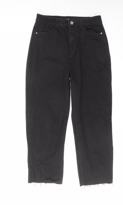 Boohoo Womens Black Cotton Straight Jeans Size 10 L25 in Regular Zip - Raw Hem