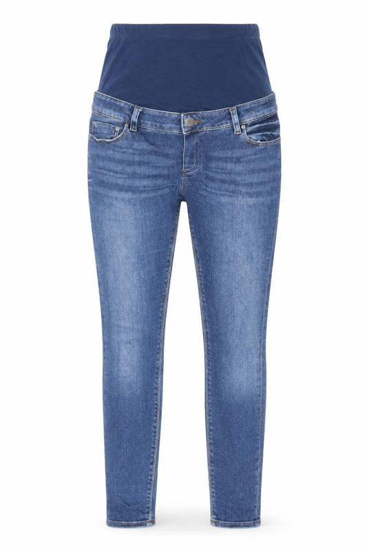 Front view of ASOS women’s blue cotton skinny jeans, size UK 8, 28-inch leg regular button