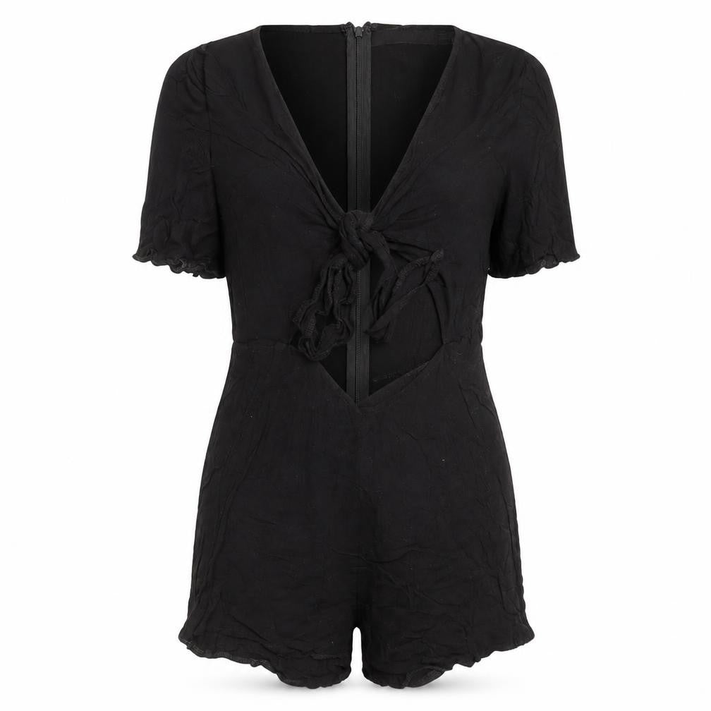 Front view of Missguided women’s black viscose playsuit one-piece, size UK 6, zip