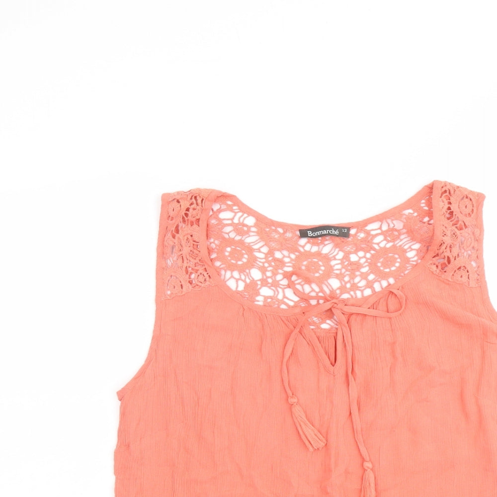 Bonmarché Womens Orange Viscose Basic Tank Size 12 Boat Neck - Crochet Detail