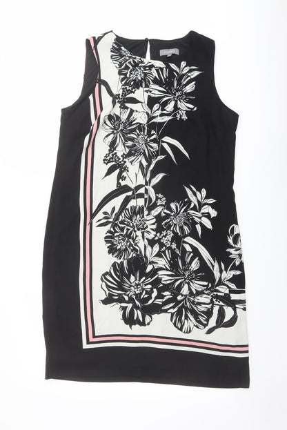 Principles Womens Black Floral Polyester Shift Size 10 Boat Neck Button