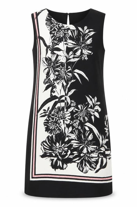 Front view of Principles women’s black floral polyester shift, size UK 10, boat neck button