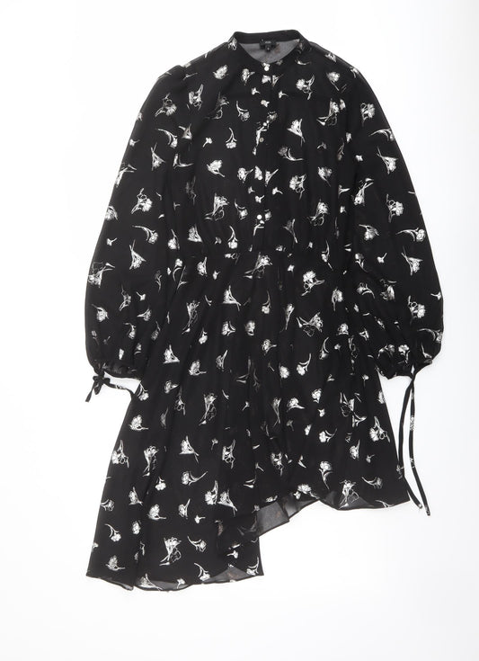River Island Womens Black Floral Polyester Shirt Dress Size 8 Round Neck Button