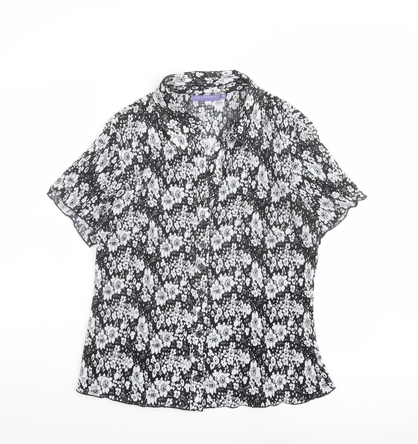 Autonomy Womens Black Floral Polyester Basic Button-Up Size 16 Collared