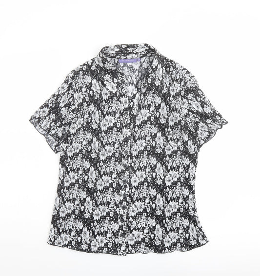 Autonomy Womens Black Floral Polyester Basic Button-Up Size 16 Collared